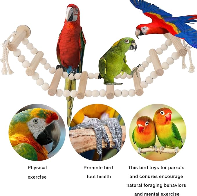 Bird Mirror with Perch & 8-Step Bird Ladder for Cage - Natural Wood Toys for Parakeets, Cockatiels (4.7x3.5x5.1in Mirror + 14.6x3.9in Ladder) Cage Accessories Bundled Set