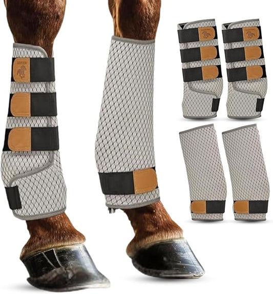 Premium Soft Fly Boots for Horses Set of 4 - Protective & Comfortable Horse Fly Boots for Medium-Large Breeds - Outer Mesh/Inner Quilted Bamboo - Adjustable Training Horse Leg Wraps (4 pcs)