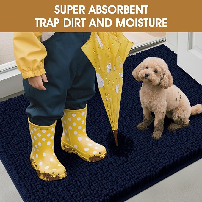 IM HOME 36" x 24" Navy Blue Dog Door Mats for Muddy Paws, Chenille Absorbent Dog Mat, Non Slip Heavy Mud Mat for Dogs, Soft Pet Bed Mat for Entryway, Mud Paws, Inside Floor