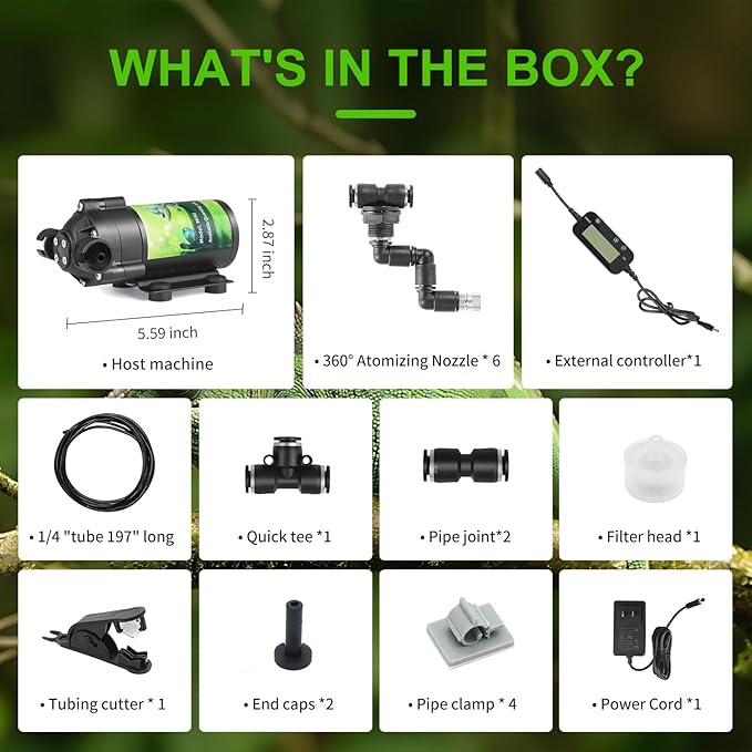 Reptile Mister System, External Timer & 360° Adjustable Nozzle, Humidifier for Reptiles, Amphibians, Rainforest Plants and Aquariums