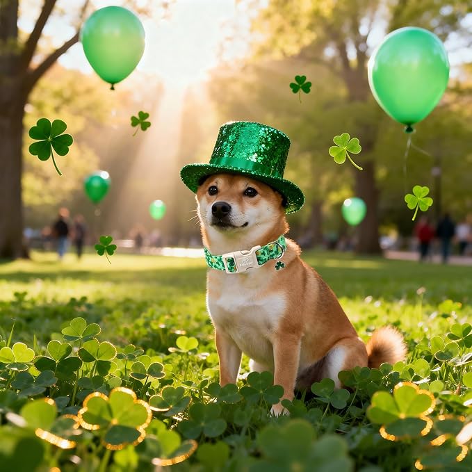 St. Patrick's Day Dog Collar for Large Dogs - Green Shamrock & Yellow Flower Print Dog Collars, Cute Irish Party Puppy Collar, Lightweight Adjustable St. Patricks Day Pet Collars L