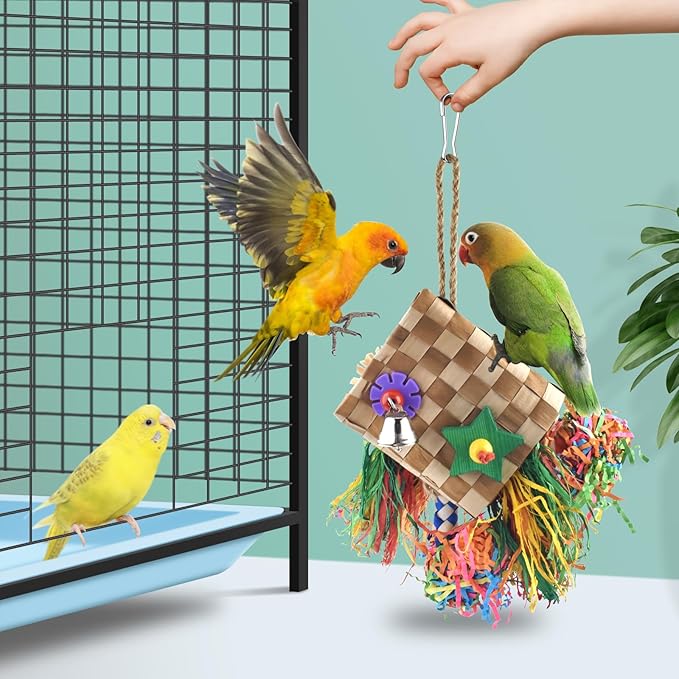 Bissap Bird Chew Toys, Parrot Foraging Shredder Natural Palm Frond Hanging Cage Toy for Conure Lovebird Budgie Cockatiel African Gray Cockatoos Amazon and Similar Sized Pet Birds - Flat Square