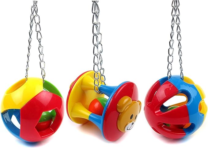 Hypeety Parrot Colorful Ball Toys with Bell Cage Hanging Chewing String for Parakeet Conure Cockatiel Small Medium Birds (A)