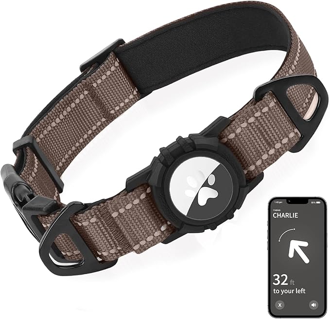 Joytale Airtag Dog Collar, Reflective Pet Collar with Waterproof AirTag Holder, Dual D-Rings, Soft Padded Adjustable for Medium Dogs, Brown, M
