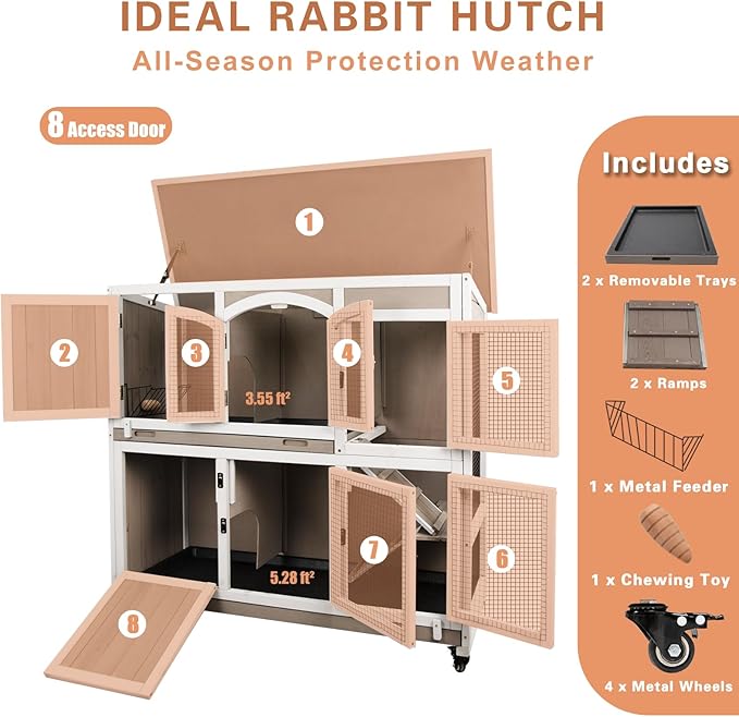 47"L Rabbit Hutch Indoor Wooden 2 Story Rabbit Large Bunny Hutch Outdoor Bunny Cage on 4 Metal Wheels and 2 Deeper Pull Out Trays, Ramp,Guinea Pig Pet House for Small to Medium Animals,Grey