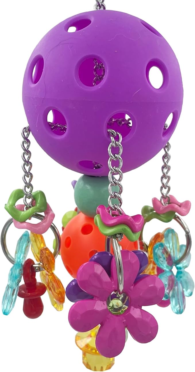 Pullable Bird Plastic Ball Toys with Acrylic Pacifiers and Flowers, Colorful Parrot Toys for Medium and Large Parrot Quaker Monk Parakeet Sun Conures (Purple)