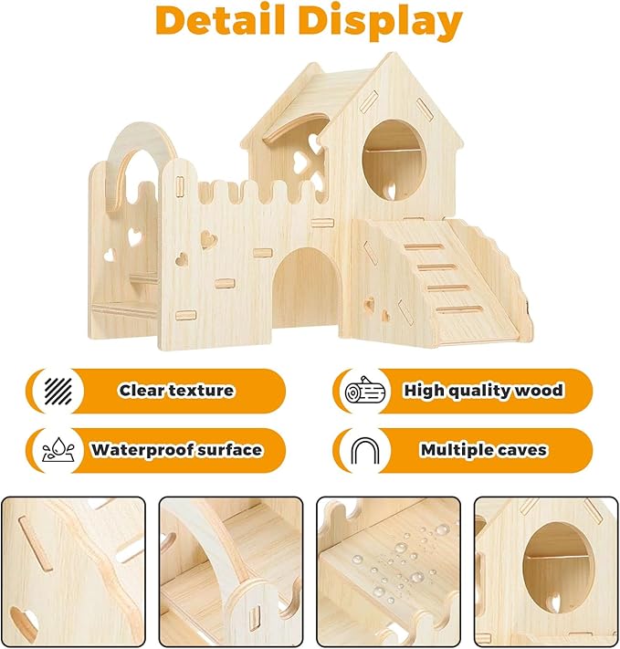 Wooden Dwarf Hamster House, Hamster Tiny House Hideout, Hamster Maze House, Large Balcony Lookout Holes, Easy to Assemble, Detachable Parts, Secure Hideaway, E