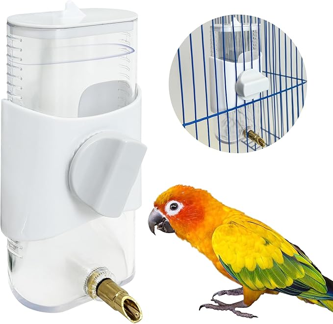 PINVNBY Bird Water Dispenser 9.47 Fl Oz Automatic Parrot Water Feeder Suspended Water Dispenser Bird Cage Accessories for Parakeet Budgie Lovebird Cockatiel Finch (White)
