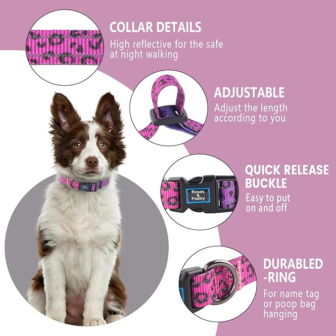 Roses&Poetry Small Dog Collar, Cute Leopard Style Adjustable Reflective Puppy Collars Durable Pet Collars for Small Medium Large Dogs(Rose-Leopard S)
