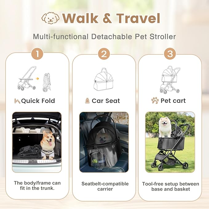 Wdyvko 3 in 1 Dog Stroller, Upgraded Frame, Up to 44lbs Pet Stroller with Dog Poop Bags & Dispenser, Zipperless Entry, Storage Basket & Pouch for Small Dogs Cats (Dark Grey)