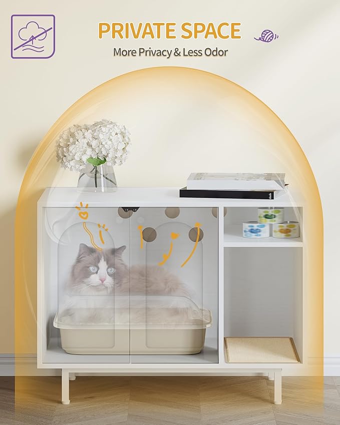 Cat Litter Box Enclosure Enclosed, Hidden Litter Box Cabinet Furniture with Storage, Wooden Indoor Cat House Large, Modern End Table for Living Room Entryway, White CB01513W