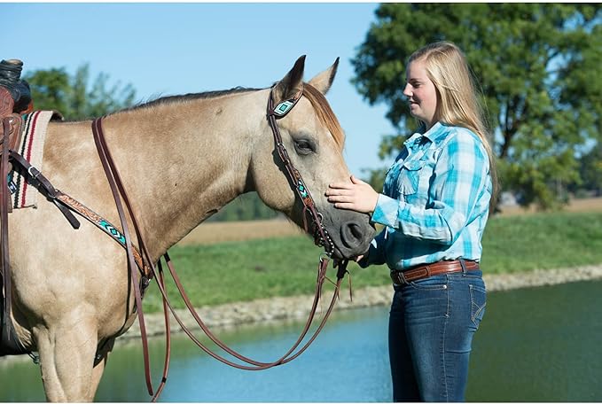 Weaver Leather Turquoise Diamond Beaded Horse Headstall, Leather Headstalls for Horses for Trail Riding, Durable Equine Supplies, Dark Oil