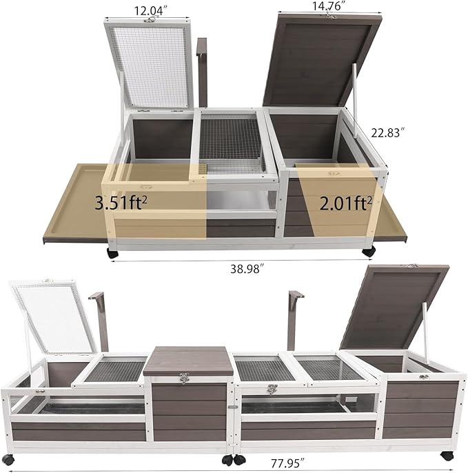 PetsCosset Tortoise Habitat Wooden Tortoise House, Indoor Turtle Enclosure Outdoor Reptile Cage with Removable Bottom, Light Support, Openable Roof (Double Habitat, Leakproof Tray)