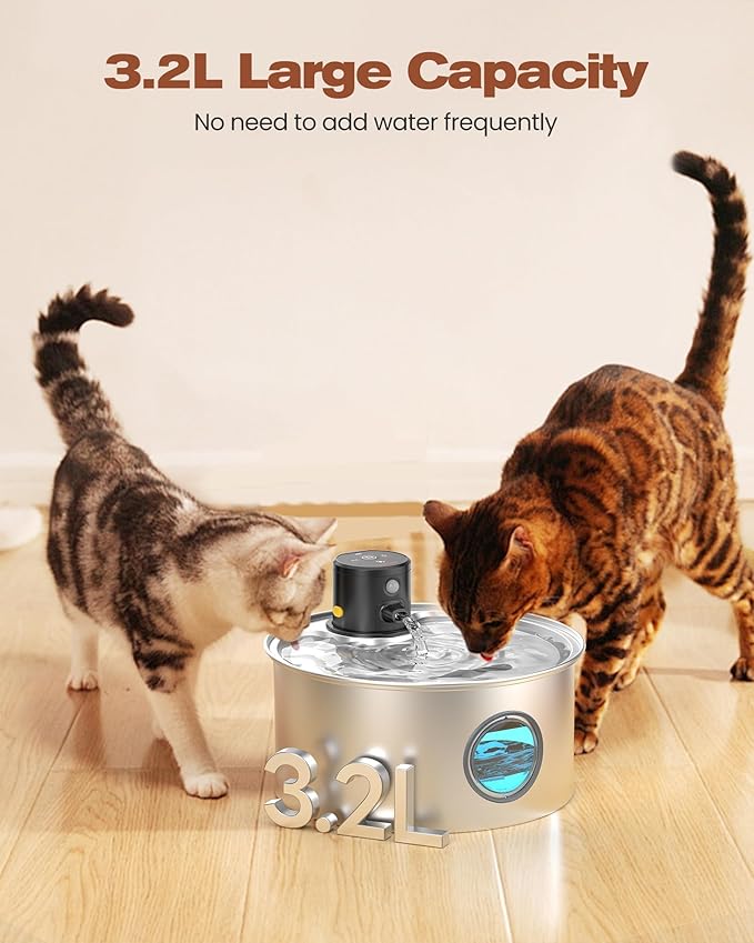 Cat Water Fountain with Motion Sensor: Rechargeable Cat Fountain Wireless - Metal Pet Water Fountain Powered by 4000 mAh Battery - 108oz/3.2L Cordless Animals Water Fountain Inductor -16 Filters