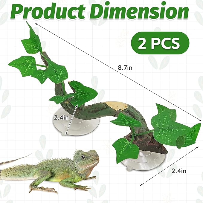 PINVNBY 2 PCS Reptile Corner Branch Terrarium Plant Decoration with Suction Cup Resin Plant for Amphibian Lizard Snake Climbing