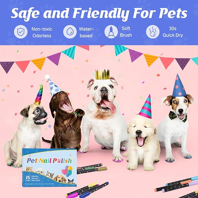 Dog Nail Polish Pens Quick Dry, 15 Colors Safe Set for DIY Pretty Nails, Ideal Gifts for Dogs Cats Light Dark Nails, Odorless, Non-Toxic, Water-Based Pet Accessories