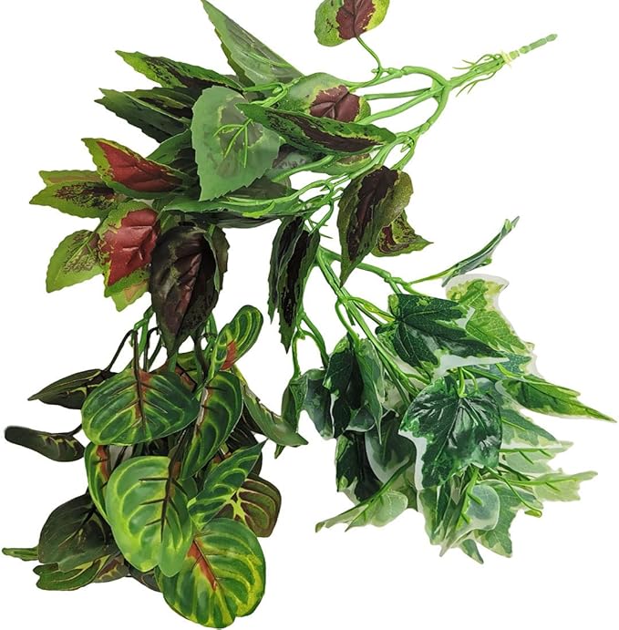kathson Reptile Terrarium Plants Hanging Artificial Lizards Habitat Climbing Decorations with Suction Cups Pets Tank Fake Green Plastic Ornament for Amphibians Bearded Dragons 6PCS