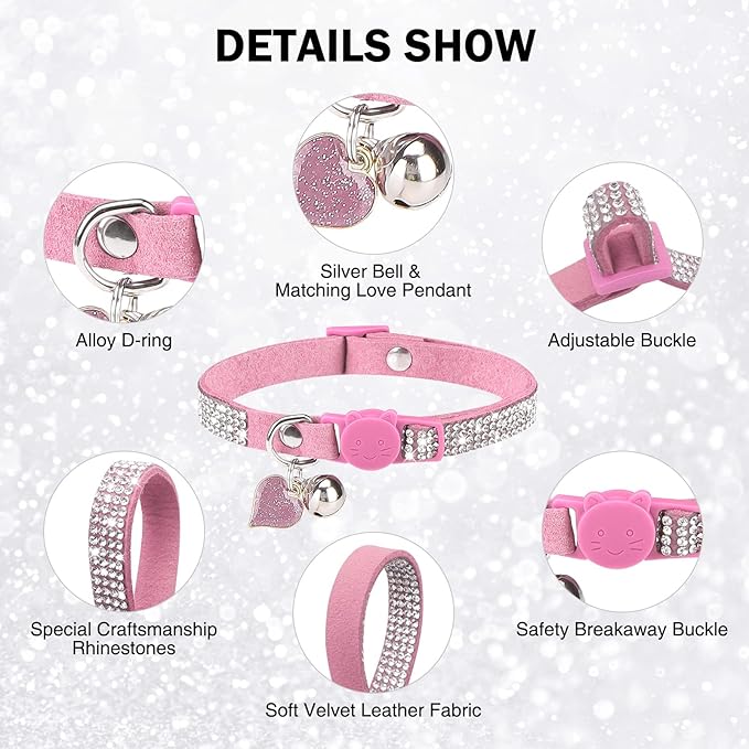 Rhinestone Cat Collar Breakaway with Bell, Diamond Cat Collar with Safety Buckle Quick Release for Girl Boy Small Kitten Pets Puppy,Cute Soft Female Male Cat Collars, Color Pink 7-9"