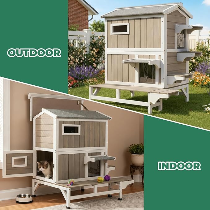 Cat Houses for Outdoor Cats, Wooden Two Story Cat House Weatherproof with 3 Jumping Platforms, 3 Doors, Balcony, Indoor Feral Cat Shelter with Openable Roof for Small Animals, Grey