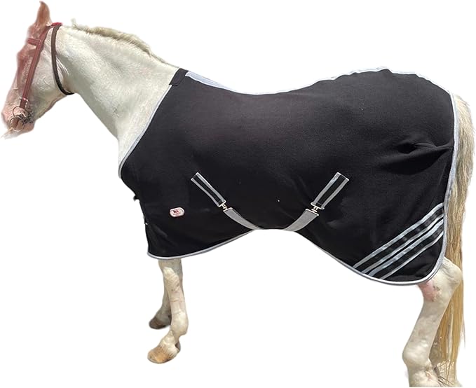 Majestic Ally Anti Pill Fleece Horse Blanket/Sheet with Silver Braided Rope (Black, 82)