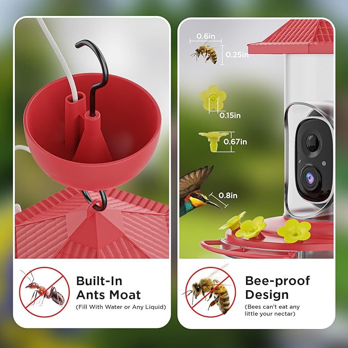 Smart Hummingbird Feeder with Camera, Wireless Bird Feeders with Solar Powered AI Recognition Instant Notifications, Feeder for Outdoor Ideal Gift for Bird Lovers