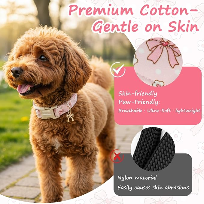 Pink Bow Dog Collar with Flower, Adjustable Cotton Puppy Collar, Cute Girl Boy Dog Collars for Small Medium Large Dogs, Ideal for Gifts,Pet Accessory,S