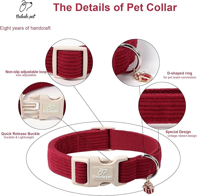 Cute Corduroy Dog Collar - Burgundy Adjustable Dog Collars for X-Large Dogs 80+lbs, Fade-Proof with Secure Snap & Little Charm, Christmas Birthday Gift, XL