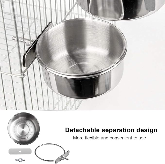 6 pcs Bird Feeding Dish Cups, Parrot Stainless Steel Food Bowl Cage Water Feeder with Clamp Holder for Parrots Cockatiel Budgies Lovebird Parakeet Feeding Cups with 6 Spoon