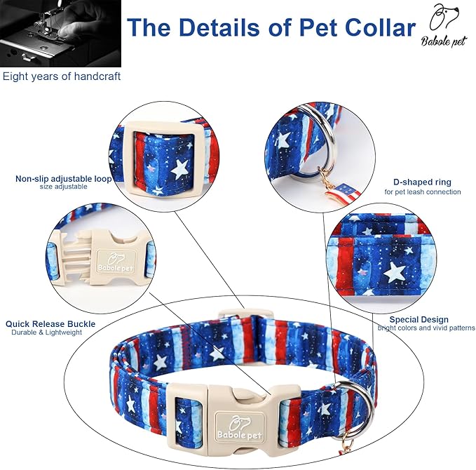 4th of July Dog Collar, Stars & Stripes Patriotic Dog Collars for Small Dogs, Adjustable Lightweight Quick-Release Buckle Collar for Boy&Girl Dogs S