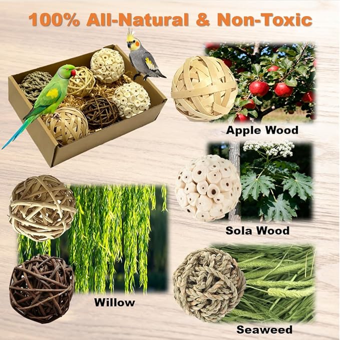 Bird Toys (6Pcs) - Chew Grass Balls, Cage Enrichment | Chewing and Shredding Parrot Toys | Ideal for Parakeets/Cockatiels/Conures/Lovebirds and Small to Medium Birds