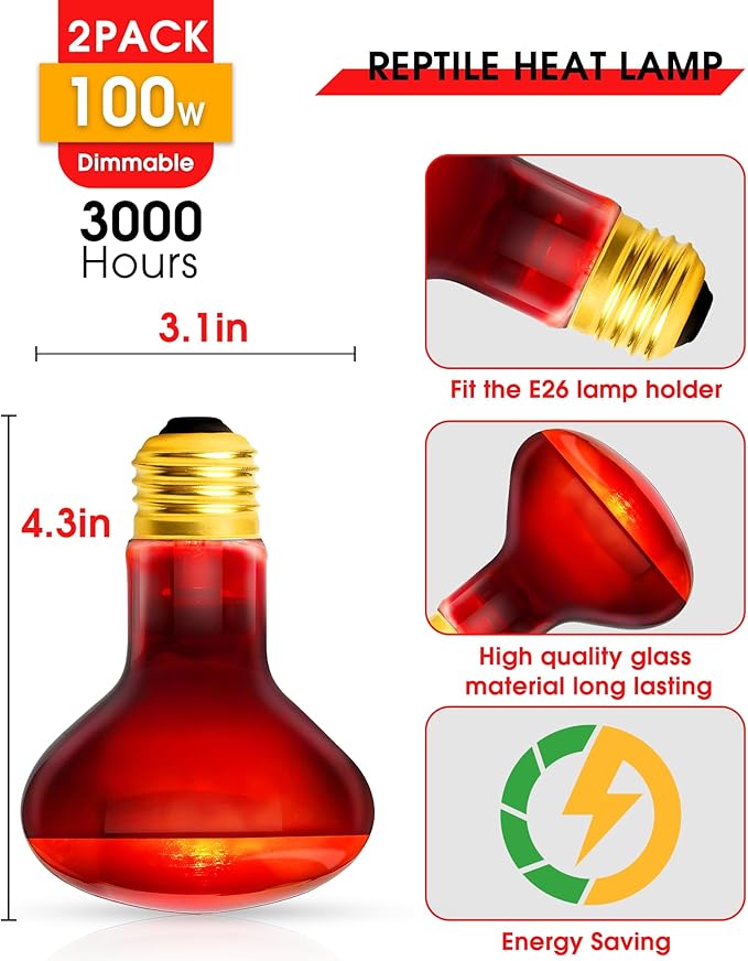 EvaStary 100W Infrared Heat Lamp Bulbs, 2 Pack UVA Reptile Basking Spot Light for Reptiles, Red Heat Lamp Bulb for Bearded Dragon,Turtle,Snake, Chickens, Pets