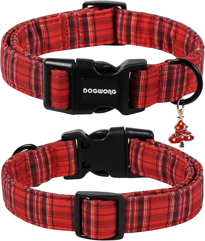 DOGWONG Christmas Plaid Dog Collar, Cute Adjustable Red Collar, Red Grid Dog Collar with Strong Plastic Buckle for Small Medium Large Dogs,XS