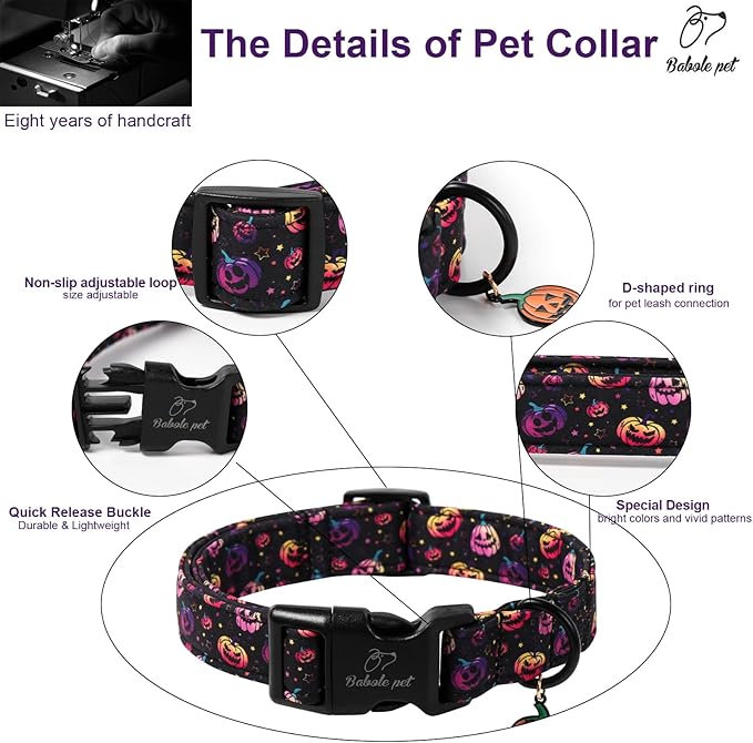 Halloween Dog Collar Spooky Fun Pumpkin Puppy Collar - Light Comfortable Adjustable Pet Collars for Small Medium Large Girl Boy Dogs XL