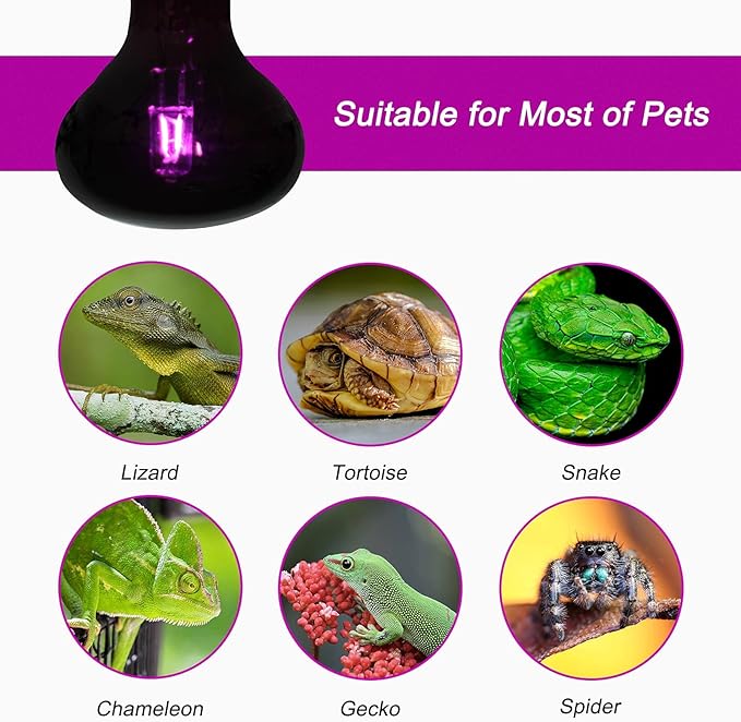 WUHOSTAM 2 Pack 75W Reptile UVA Infrared Moonlight Night Heat Lamp,Basking Spot Bulb Black Glass Cover for Lizard, Chameleon, Snake, Aquarium Reptile, Amphibian