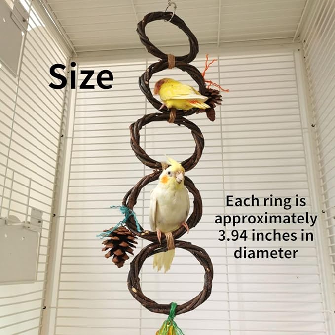 Circle Straw Bird Swing Stand Bird Perches Stand Hanging Chewing Toy for Parrots Bird Playground Cage Accessories Climbing Rope Net Ladders for Foraging Toys（Random Color） (5 Ring Single Row)