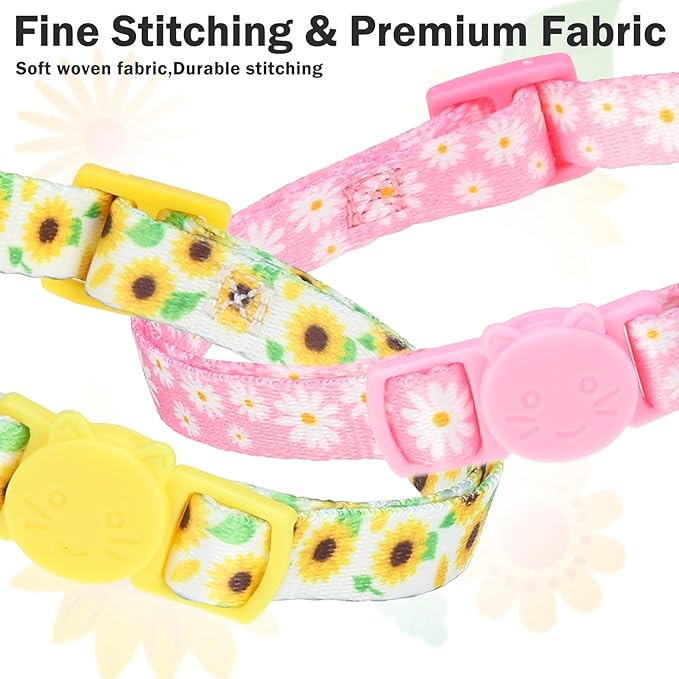 Cat Collars for Girl Cats, 3 Pack Spring Flower Cat Collars Breakaway with Bell for Outdoor Indoor Kitten, Cute Collar with Safety Buckle Adjustable 8"-12" for Kitty Puppy Small Pets, Floral