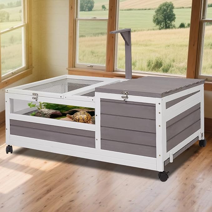 Tortoise Habitat Tank Indoor Outdoor, Wooden Tortoise House with Wheels, 2-Room Reptile Turtle Enclosure Cage for Small Animals, Lamp Holder, Leakproof Tray, Grey