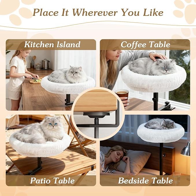 Adjustable Cat Desk Bed, 360° Rotatable Elevated Desk Cat Bed for Home Office, Space-Saving Design Table Supports Up to 60 lbs, Soft Faux Fur Bed with Removable Washable Cover (Beige)