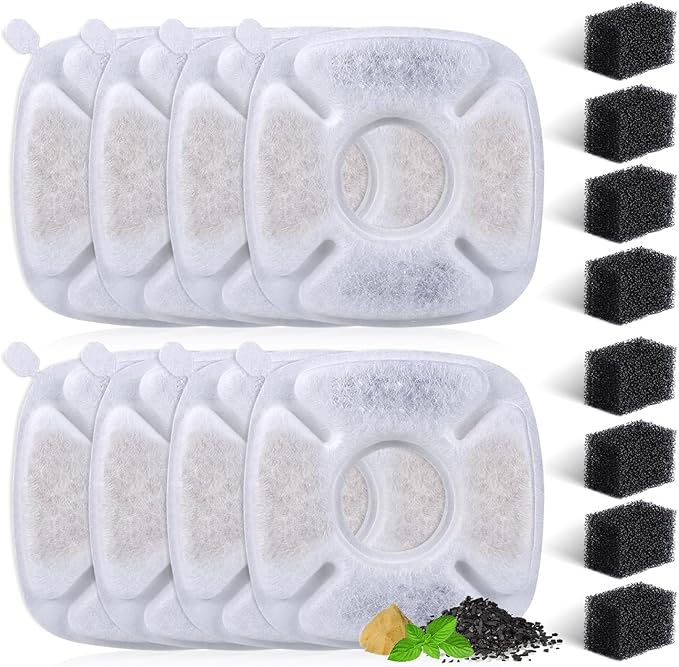 8 Pack Replacement Filters & Sponges Set for 67, 84, 95, 135oz Automatic Pet Fountain, Pet Fountain Replacement Filter, Triple Filtration Cat Water Dispenser Filters for Cats and Dogs