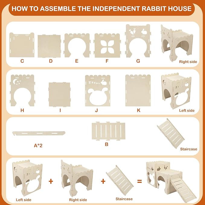 Large Rabbit Castles,Bunny Castle,Wooden Bunny House,Detachable Hamster Hideaway, Indoor Guinea Pig Castle with Ramp, Small Animal Houses & Habitats