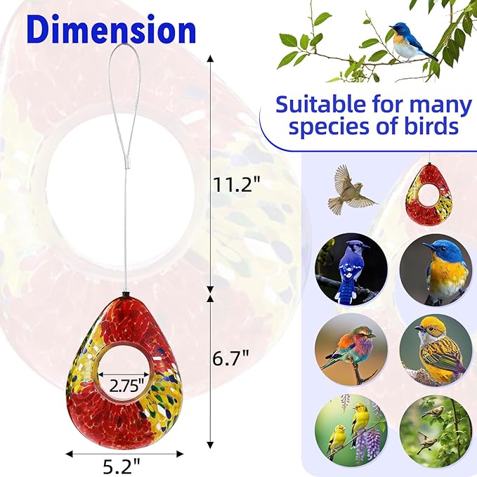 VOREEN Glass Bird Feeder, Fly Through Bird Feeders for Outdoor Hanging, Handmade Glass Wild Bird Feeder, for Garden, Yard, Backyard, Deck and Porch Decor, Gift for Mom Wife Friend, Red Teardrop