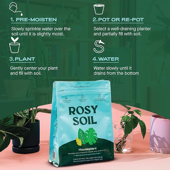 Rosy Soil Indoor Potting Soil for House Plants, 2 x 8 qrt - Organic Potting Soil Mix for Indoor Plants -Enriched w/Root-Boosting Biochar for Foliage Plants, Flowers, Herbs - Pack of 2