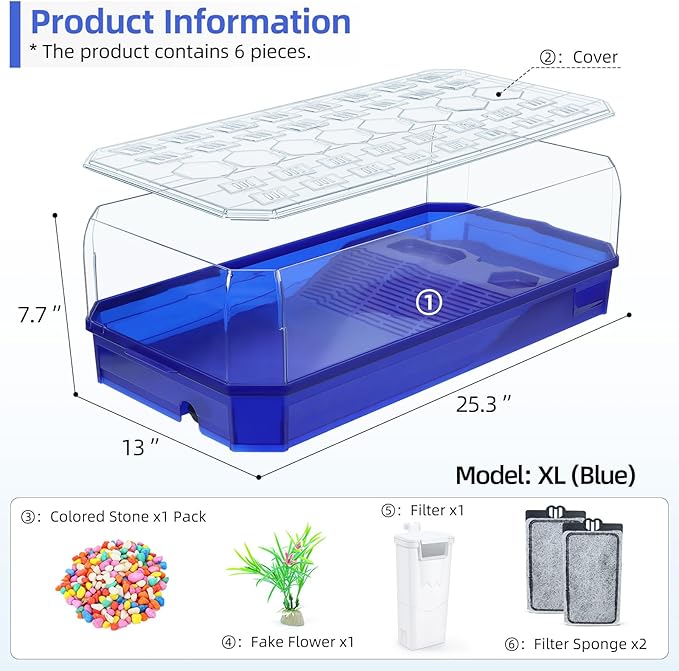 Turtle cage Tortoise Terrarium with Pump＆Filter with Shower Function Easy to Change Water and Clean Water for Turtle Horned Frog Hermit Crab Blue, XL