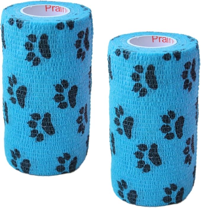 Vet Wrap Wrap Tape (Blue with Paw Prints) (2 Pack) (3 Inch x 15 feet) Self Adhesive Adherent Adhering Cohesive Flex Self Stick Bandage Grip Roll Dog Cat Pet Horse