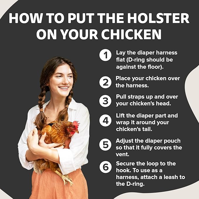Hen Holster Bird Diaper, Wrap Around - for Hens, Roosters, Ducks, Geese, Leak-Proof Design, Comfortable Fleece Strap Bird Harness with Sewn-in Liner, Secure Hook and Loop Closure - S/M, Black
