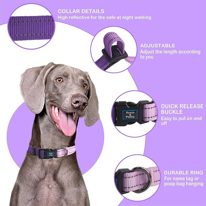 Roses&Poetry Small Dog Collar, Adjustable Reflective Puppy Collars Durable Pet Collars for Small Medium Large Dogs(Lightpurple-S)
