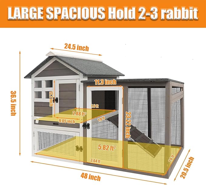 PetsCosset Rabbit Hutch Indoor Outdoor Rabbit Cages with Pull Out Tray Large Bunny Hutch Indoor Guinea Pig Cages Waterproof Asphalt Roof