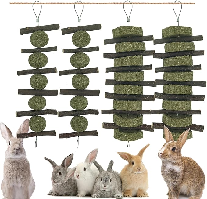 Rabbits Bunny Chew Toys Treats Natural Wood Timothy Hay Grass Cakes Balls Chew Toys Treats for Hamster Chinchilla Guinea Pigs 4pcs