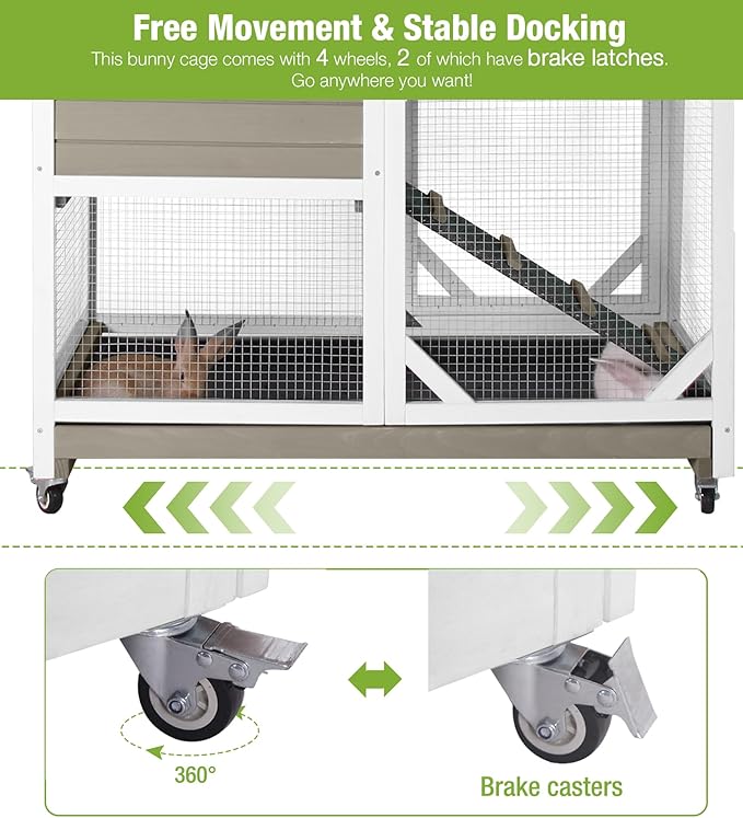 GUTINNEEN Rabbit Hutch Indoor and Outdoor, Rabbit Cage on Wheels with 2 Deep Pull Out Trays, Wooden Bunny Cage with Non-silp Ramp and Sliding Door, Mocca Color