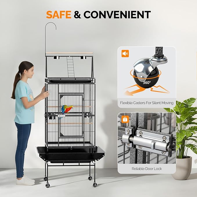 VINGLI Bird Cage, 83 Inch Wrought Iron Bird Cage with Play Top, Rolling Parakeet Cage for Cockatiels Lovebird Finches Canaries